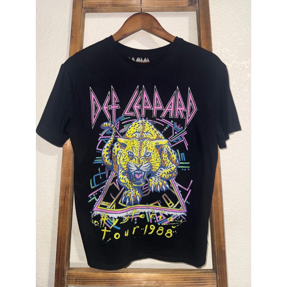 Def Leppard Hysteria Tour 1988 Graphic T-Shirt Black XL Neon Leopard Print